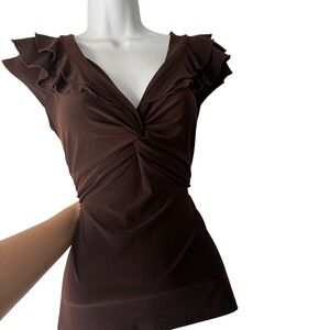 Suzie in the‎ City Y2k Mocha Chocolate Brown Twist Front Ruffle Top  L Feminine